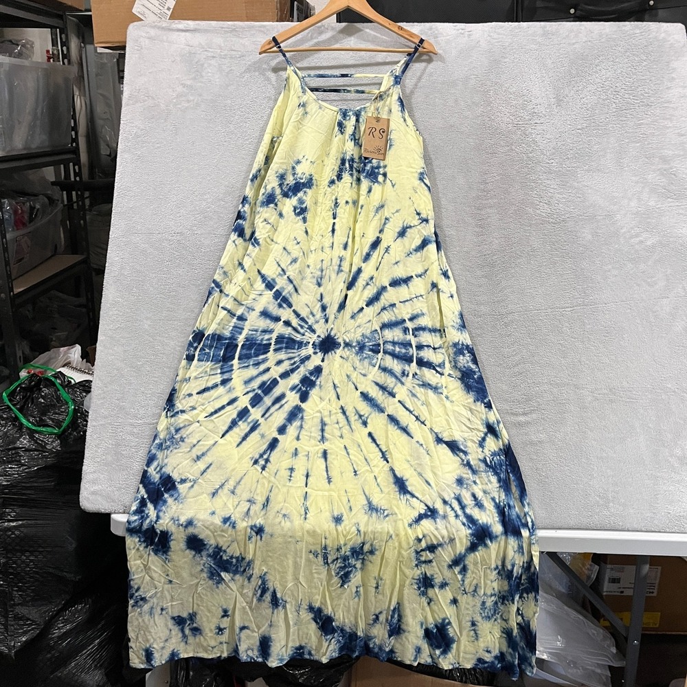 Riviera Sun Maxi Dress Womens Large Multicolor Tie Dye Spaghetti Strap Side Slit